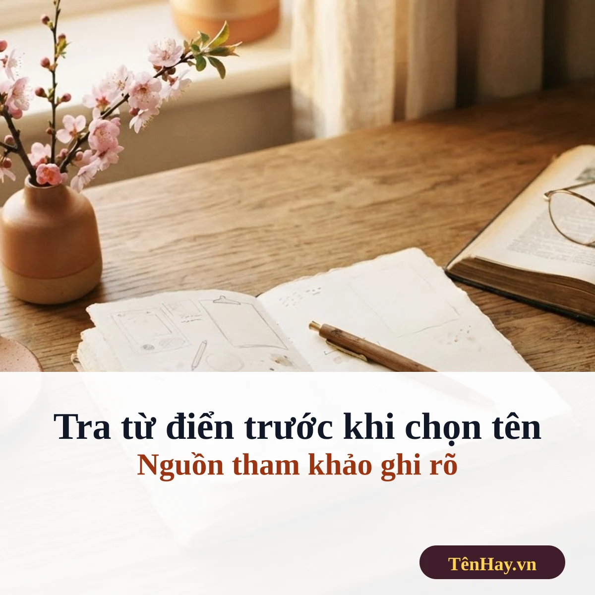 Sách từ điển mở trên bàn gỗ bên bình hoa: tra từ điển trước khi chọn tên Nhung
